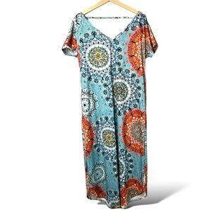 ZILCREMO Cotton Poly Blend Cap Sleeve Geometric Print Maxi Dress Double V-Neck
